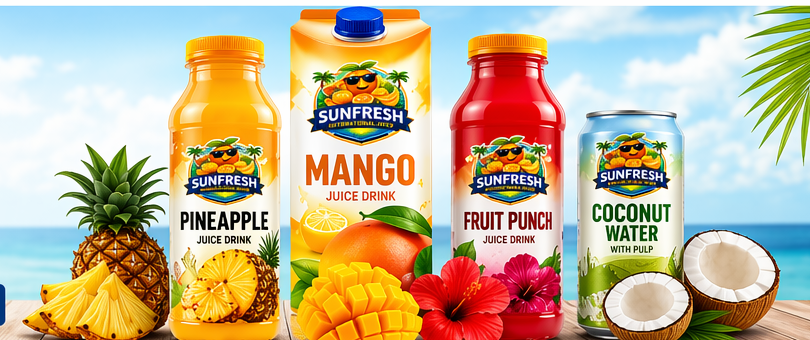 Sunfresh juice bottles and cans